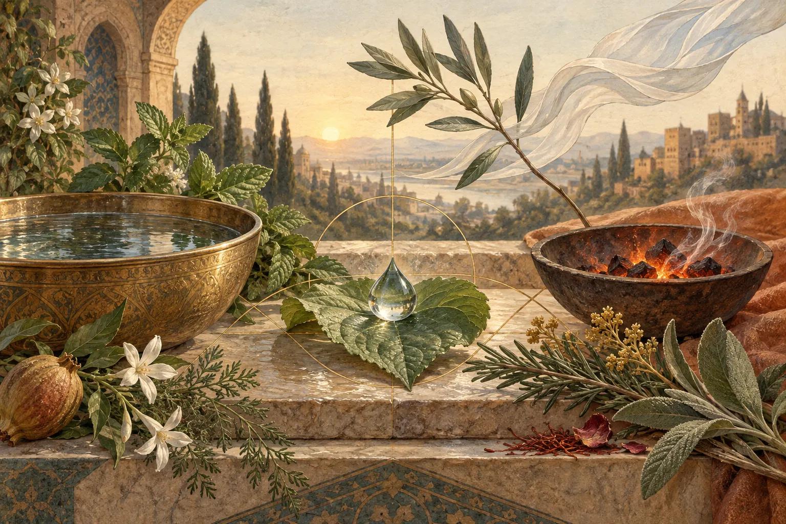 Agua, plantas, aire y brasas dispuestos alrededor de una gota en una escena inspirada en la tradición del Mizaj