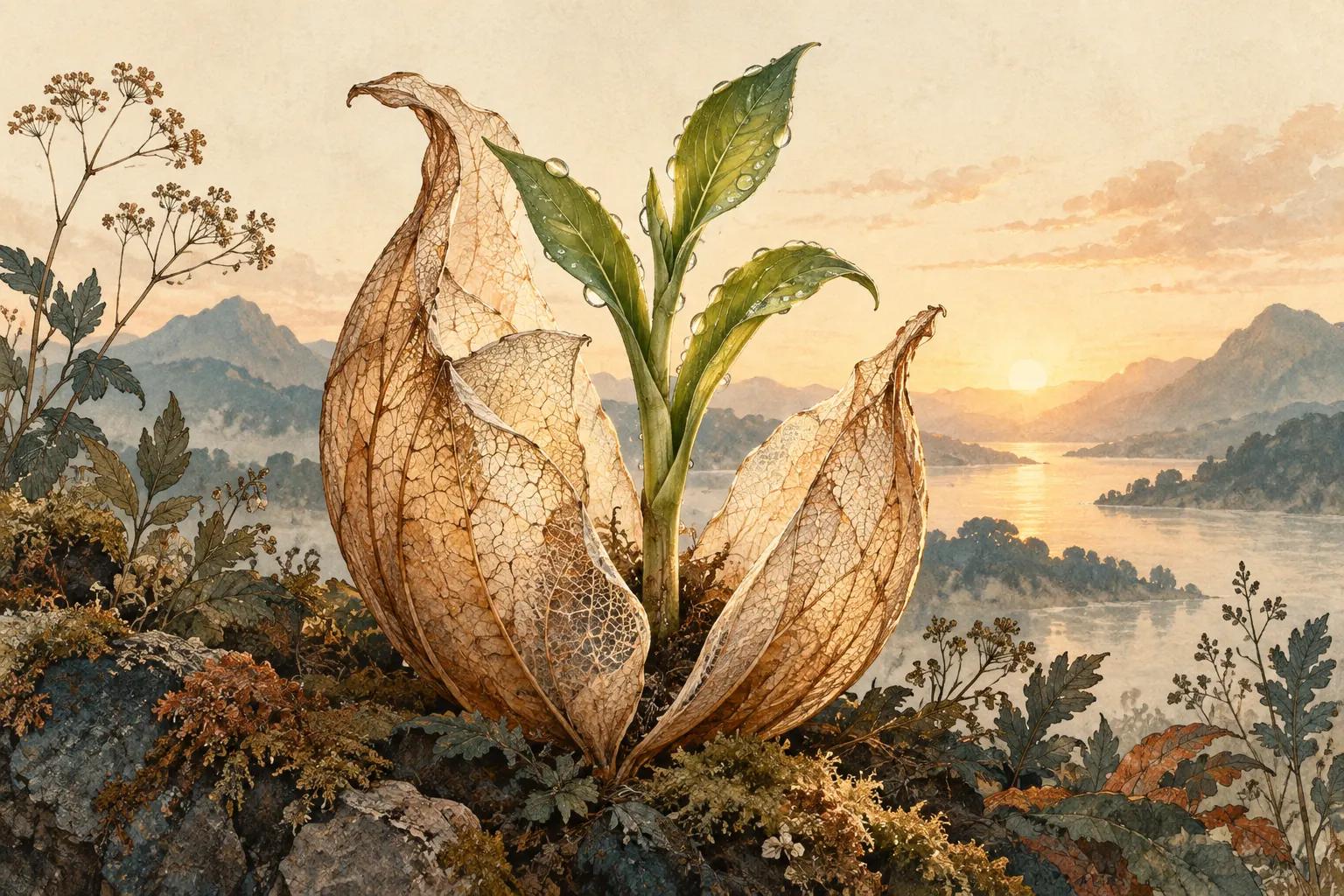 Brote vivo que emerge de una envoltura vegetal como símbolo de naturaleza y máscara emocional
