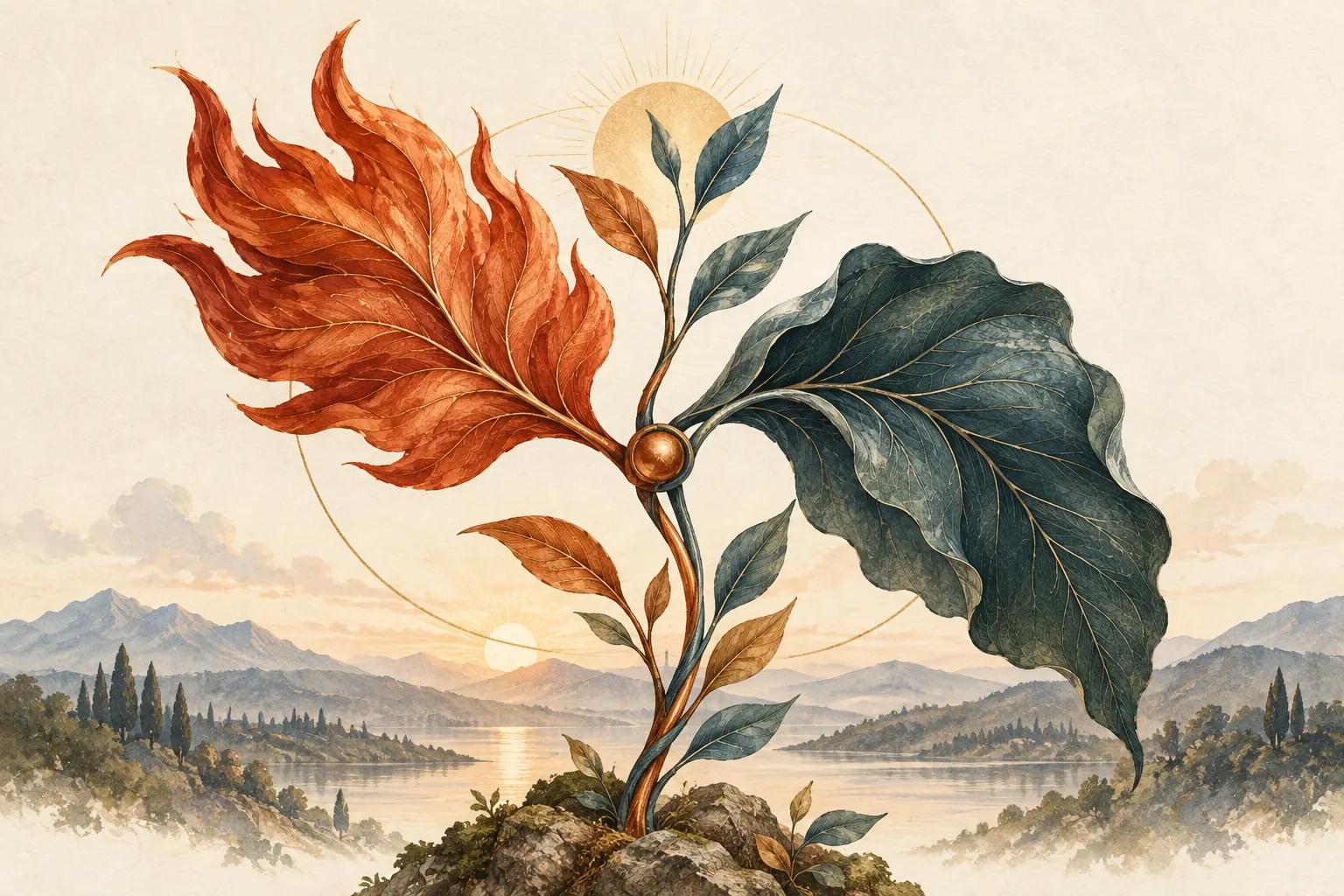 Hoja de fuego y hoja profunda unidas para representar la relación colérico-melancólico