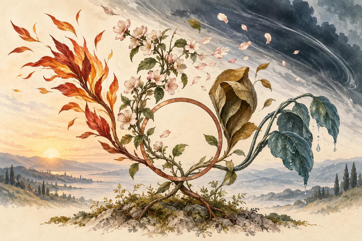 Cuatro formas vegetales respondiendo de manera diferente al viento como metáfora del estrés
